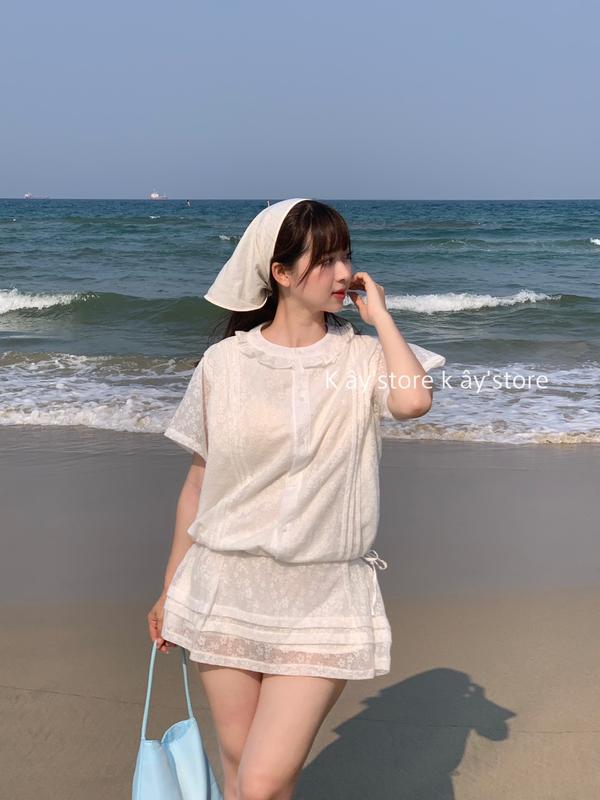 Váy Sơ Mi Cổ Bèo Xinh Xắn- Đầm Sơ Mi Ren Hoa Thiết Kế Tùng Rút Siêu Dễ Thương- ( Tặng kèm quần)  Cara Dress