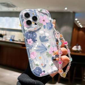 Funda para celular con patrón de flores y cordón, protector decorativo, accesorios para celular compatibles con iPhone 11 12 13 14 15 16 Pro Max