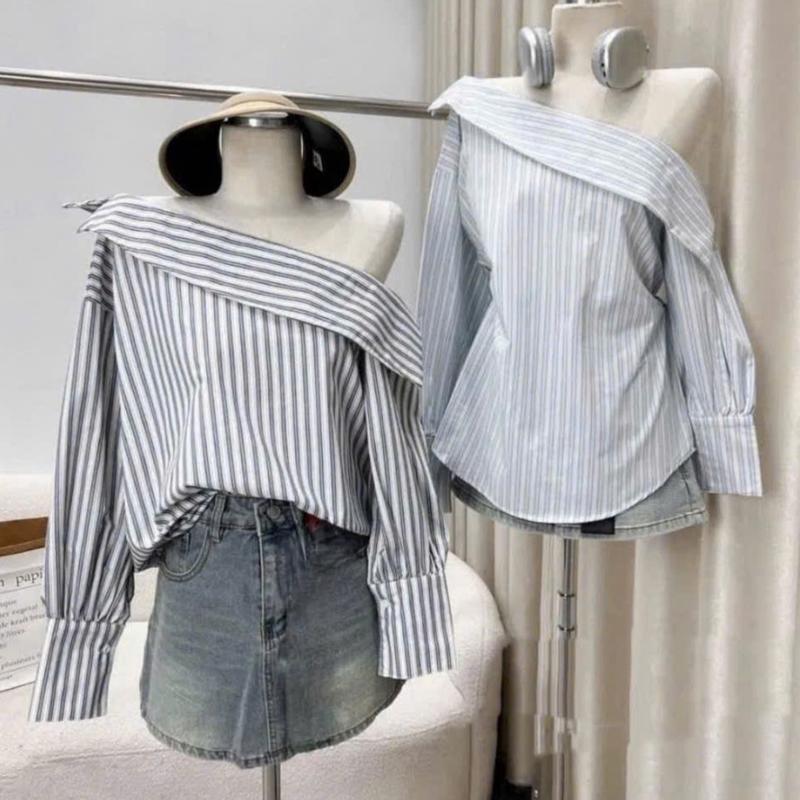 Áo trễ vai nữ A.657 Áo sơ mi lệch vai tay dài dáng suông phong cách cá tính - Shop Chấm Bi - Top Women