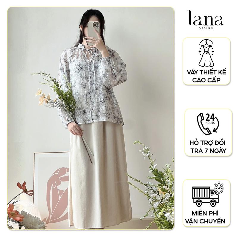 Set váy Nữ thiết kế cao cấp La.Na phong cách trẻ trung nữ tính dài tay cá tính hoạ tiết hoa tơ Hàn mềm dập hoa, Linen Hàn  - SV889
