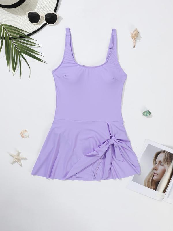 Christmas Gift Women's 2024 Solid Asymmetrical Ruched Knot Design Tank Swimsuit, Beach Adjustable Strap Sleeveless One-piece Swimwear for Beach Holiday Vacation, Chic Ladies Summer Clothes, Curve Swimwear UK 3