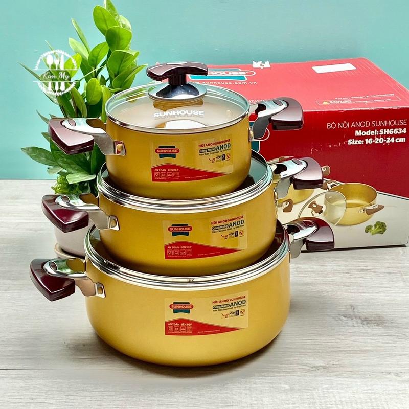 Bộ 3 nồi anod Sunhouse  SH6634 size16-20-24cm hàng chính hãng giá tốt