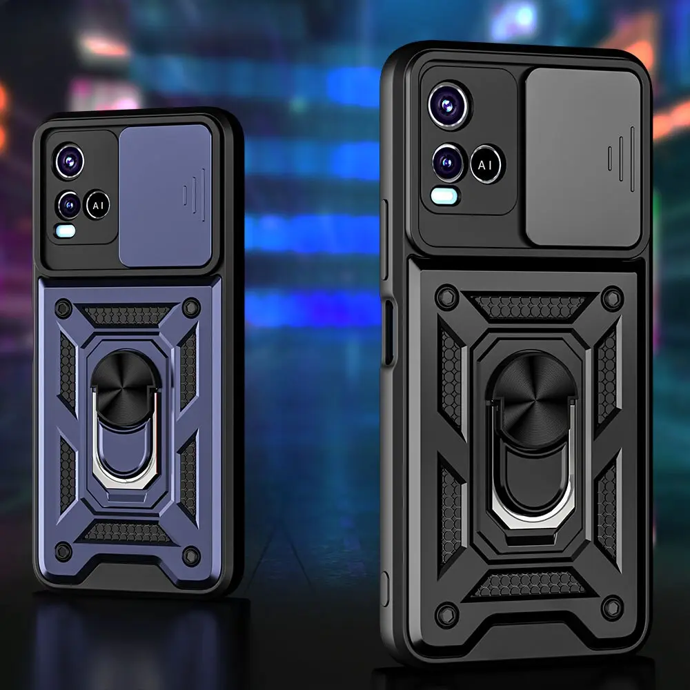 Shockproof Case for VIVO Y21 Y21S Y33S Push Pull Camera Protection Ring Stand Phone Back Cover for VIVO V21 5G V21E 4G