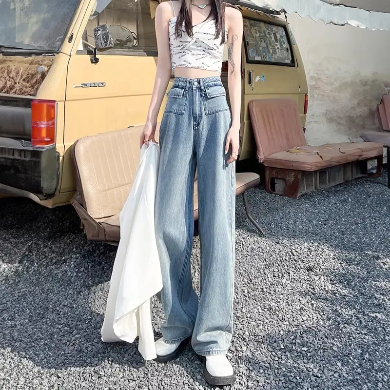 ( S - XL ) Jeans cạp cao túi hộp trơn 2 màu nhạt đậm 1192 3