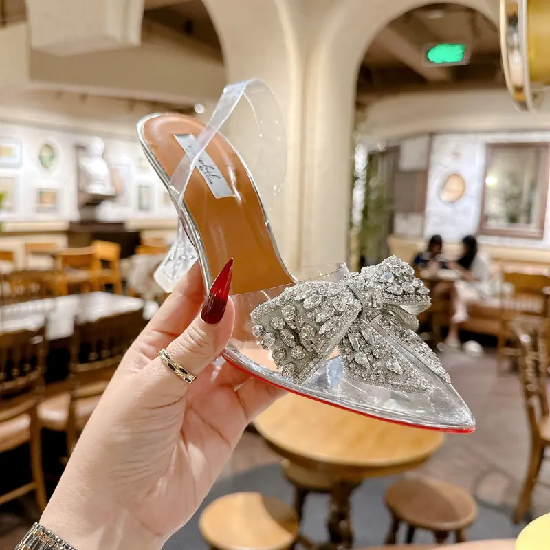 Giày Cao Gót Bít Mũi Nhọn 9cm Gót Mica Trong Suốt Quai Hậu Phối Nơ Đính Đá Xinh Sang Lên Chân Tôn Dáng Sandal Sục Cao Gót 9p Giày Đẹp Storevn TD 4