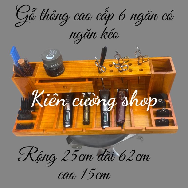 Khay gỗ đựng tông đơ kéo lược cữ trong tiệm tóc nam barrbe [mẫu mới 25x62cm]gỗ thông màu loang cháy Treo Tường hoặc để bàn 4