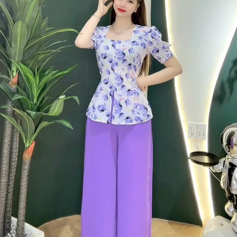 Bộ Quần Áo Bà Ba Nữ  Cổ Vuông Tay Ngắn Phồng Nút Ngọc Top 6