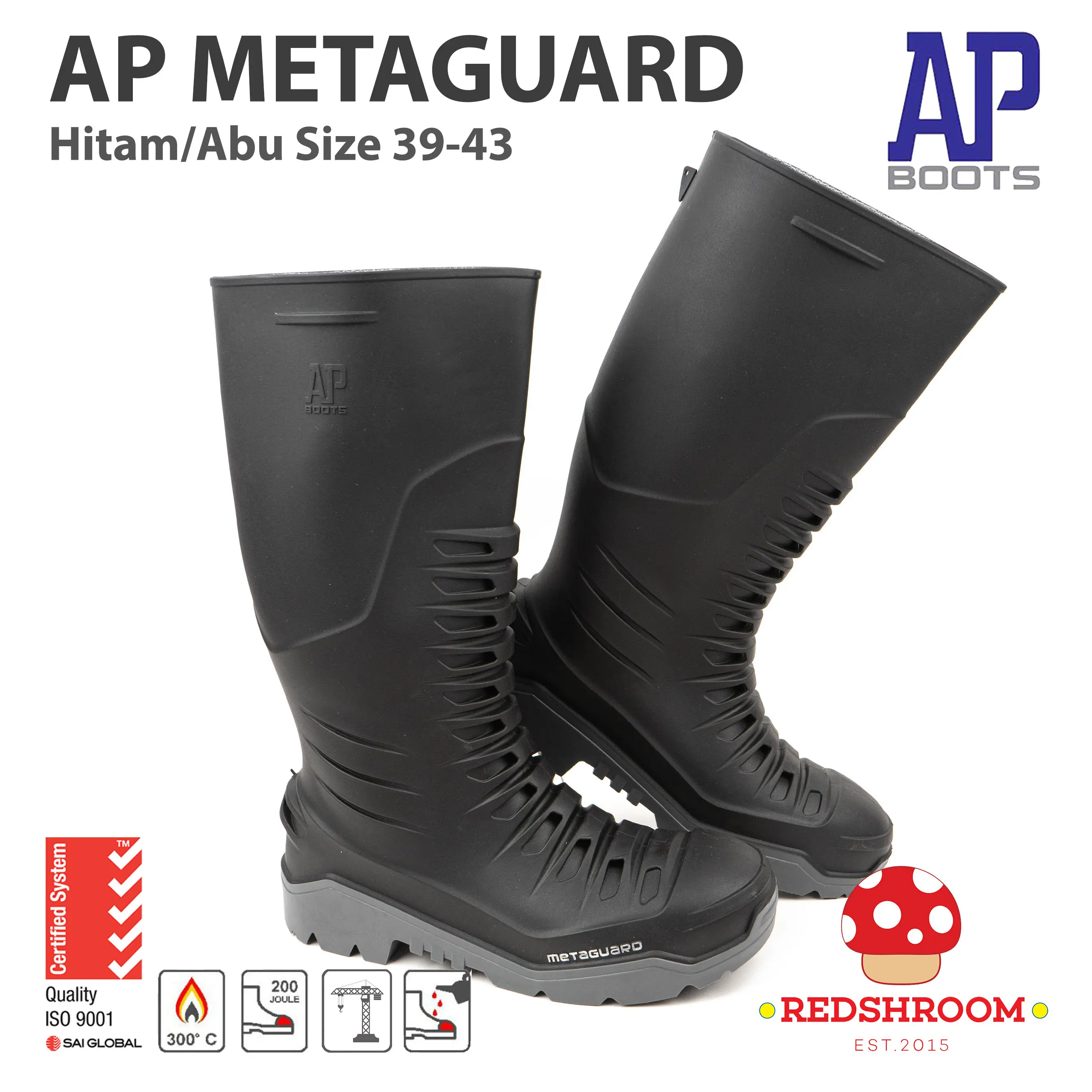 Sepatu Boot Tinggi AP Boots Metaguard Safety Hitam Karet Lokal Proyek Konstruksi Shoes Kerja Besi