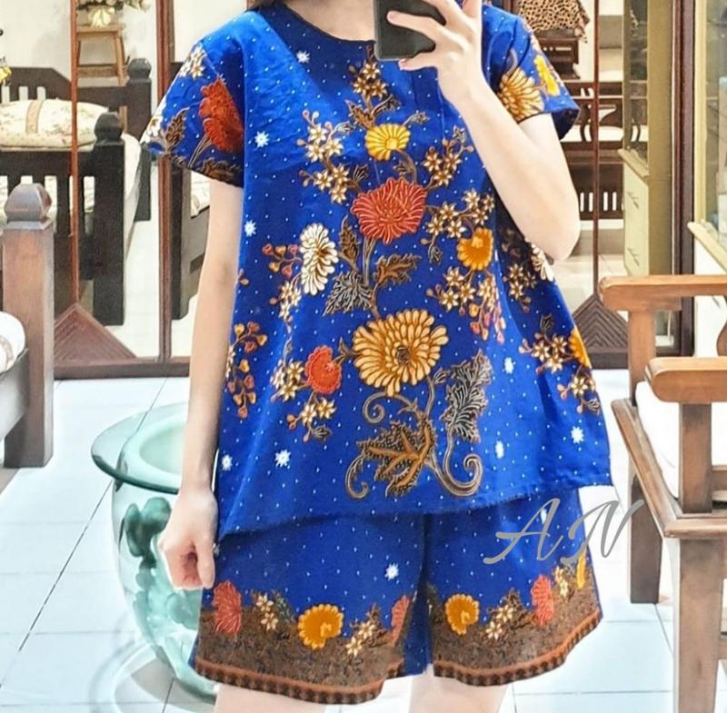Setelan batik wanita Bahan Katun Primis halus premium Warna Hitam Baju Batik Imlek wanita Mewah Lengan pendek 3