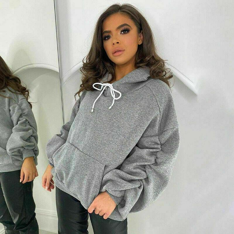 Womens Ruched Sleeve Fleece Oversized Hoodie Top Ladies Sweatshirt Hooded Jumper 2