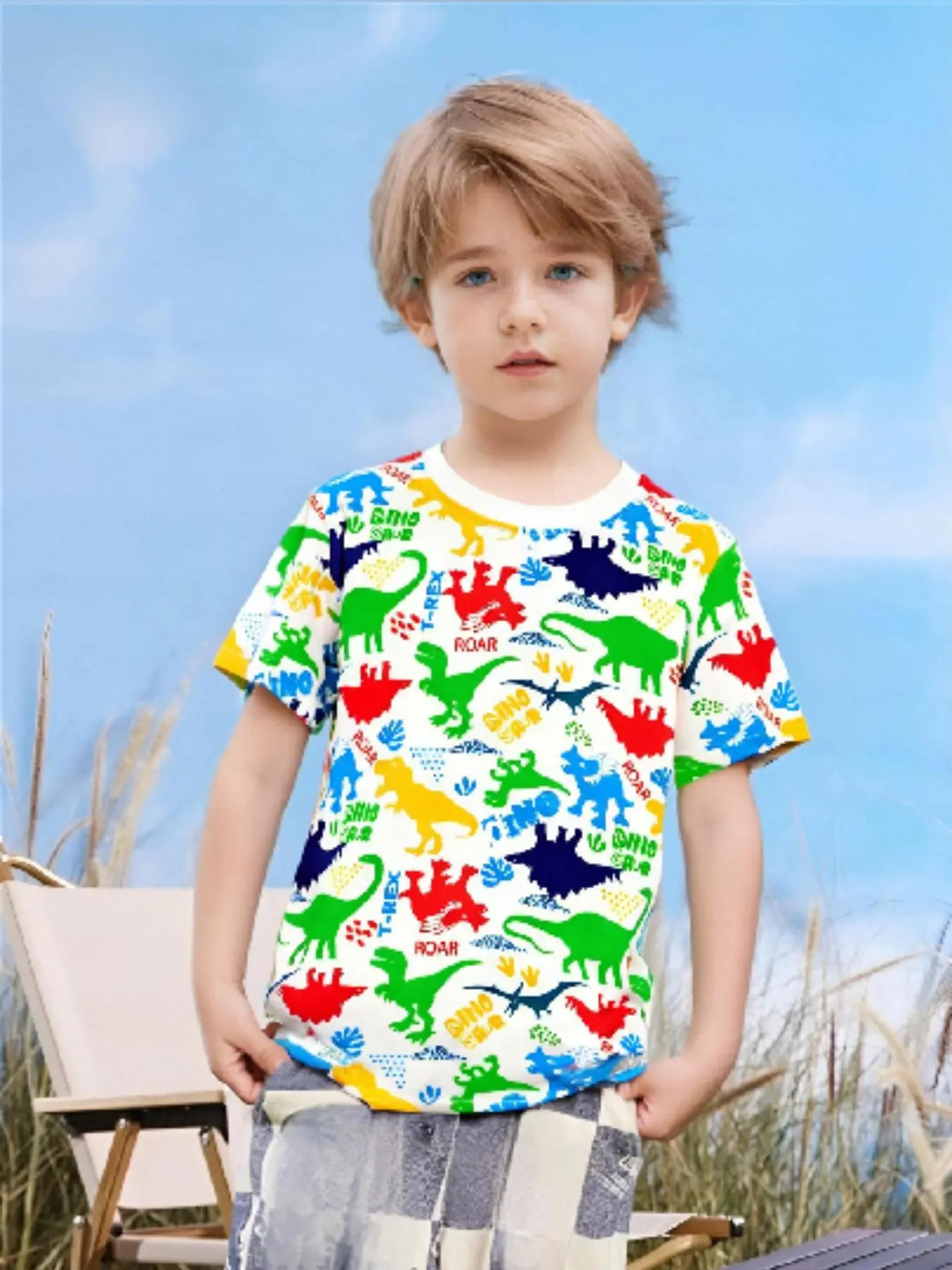 Boy's Cartoon Dinosaur Print Round Neck Tee, Cute Casual Short Sleeve T-shirt for Daily Wear, Kids Clothing for All Seasons