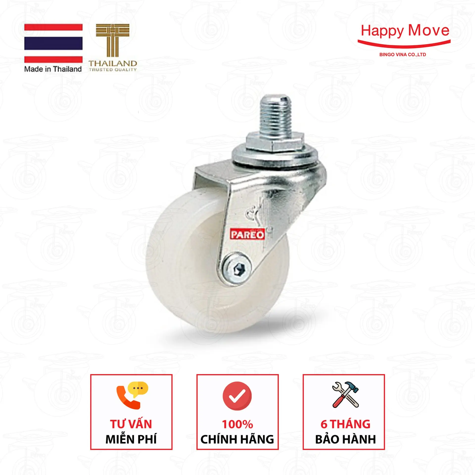 Bánh xe đẩy nylon tải nhẹ càng cọc vít xoay - 50-65-75mm - Happy Move Thái Lan