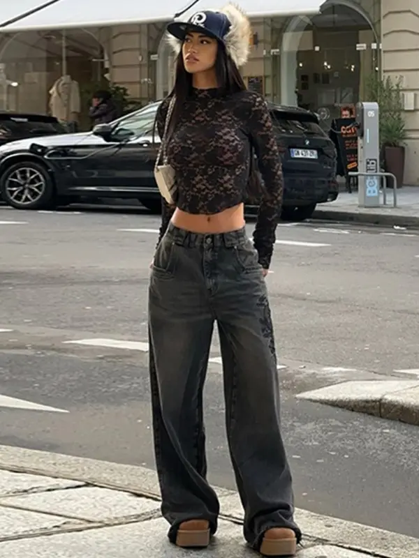 Women's Plain Floral Lace Sheer Mock Neck Tee, Street Fashion Long Sleeve T-shirt for Spring & Fall, Women's Clothing for Daily Wear 5