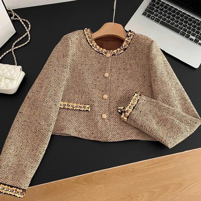 Áo khoác dạ màu NÂU TÂY VIỀN ĐÁ VÀNG lấp lánh dáng ngắn SANG CHẢNH áo  dạ Nữ Jean