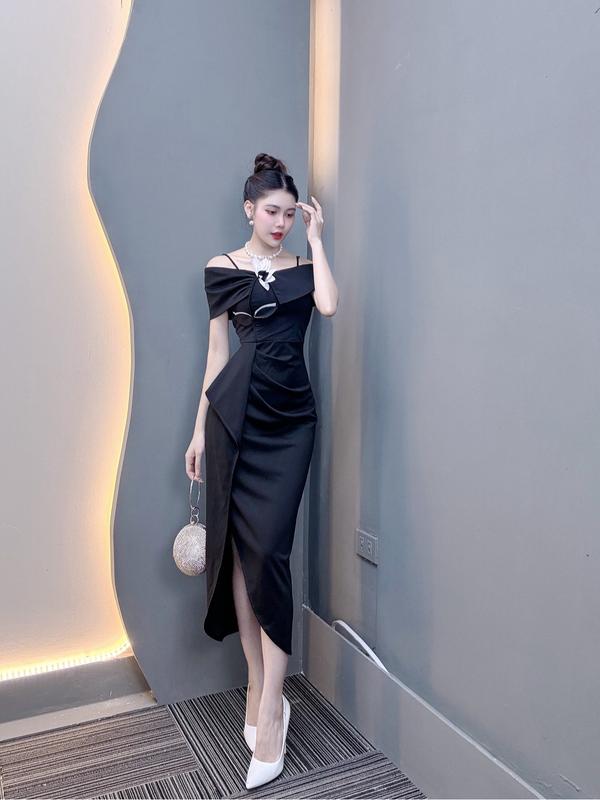 Váy Thiết Kế VQLADY D51 dành cho nữ Đầm thiết kế trễ vai phối hoa Sen chất Thun phù hợp đi chơi và đi dự tiệc Dress Women Voan Nhung Voi chỉ giặt tay đỏ hồng aline dress đỏ và hồng