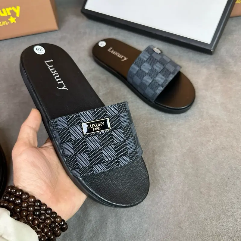 [Mã D 20 ] Dép Nam, Dép lê, dép da kẻ karo 3 màu có khâu quai chắc chắn size 37-45 DéP Đế Bằng Slipper Caro 4