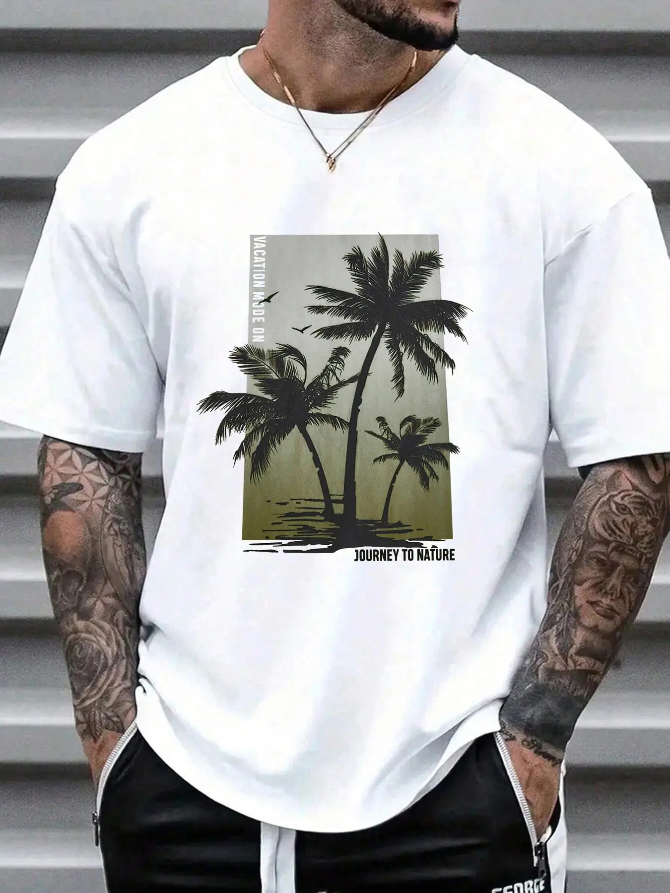 Men's Coconut Tree & Letter Print Drop Shoulder Sleep Tee, Regular Fit Casual Soft Comfortable Short Sleeve Round Neck Pj T-shirt for Daily Wear, Sleepwear Loungewear for Men, Summer Tops