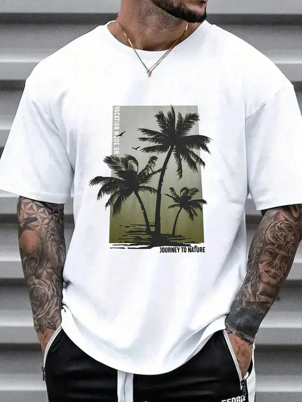Men's Coconut Tree & Letter Print Drop Shoulder Sleep Tee, Regular Fit Casual Soft Comfortable Short Sleeve Round Neck Pj T-shirt for Daily Wear, Sleepwear Loungewear for Men, Summer Tops, Menswear, Summer Clothes 0
