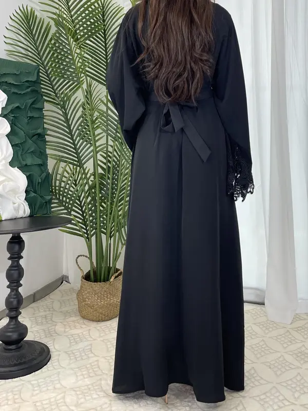 Arabic Clothing-Women Embroidered Abaya Dress, Fashion Contrast Lace Long Bell Sleeve Loose Maxi Arabian Dress with Belt, Islamic Clothes Caftan, Maxi Dresses for Women, Summer Outfits 2024, Bridal Abaya 7