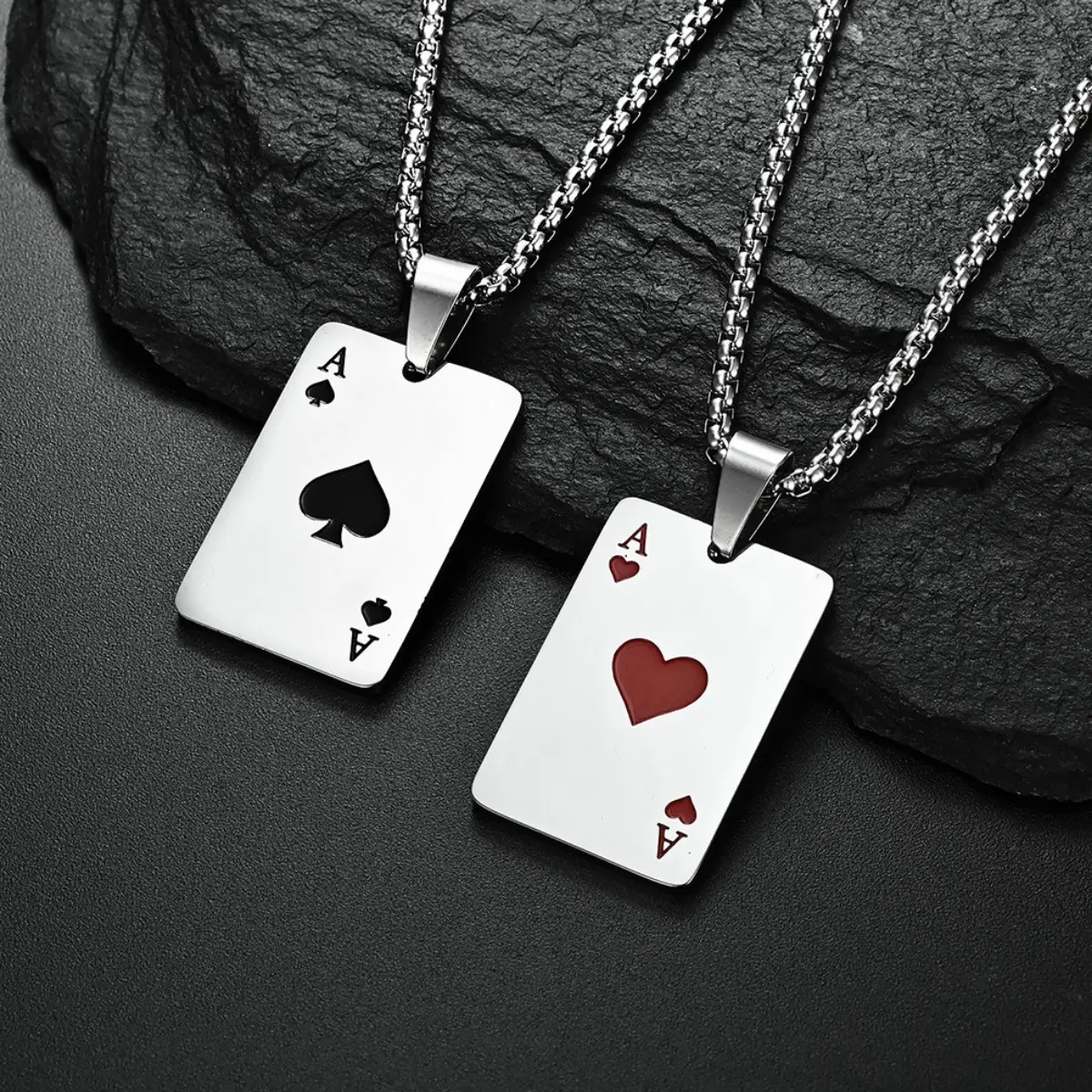 Men's Titanium Steel Pendant Necklace A of Spades A of Hearts Card Pendant Necklace