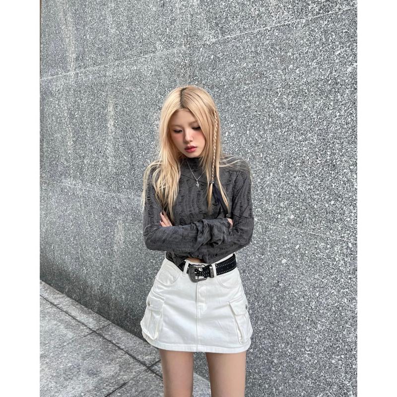 MORSELA chính hãng - Áo croptop nữ kiểu tay dài SMOKE cổ lọ nhúm tay cách điệu phong cách cá tính 2