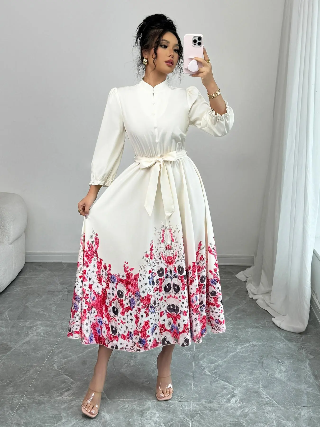 Women's Floral Print Belted   Dress, Elegant Casual Long Sleeve Dress for Spring, Women's Clothing for Daily Wear