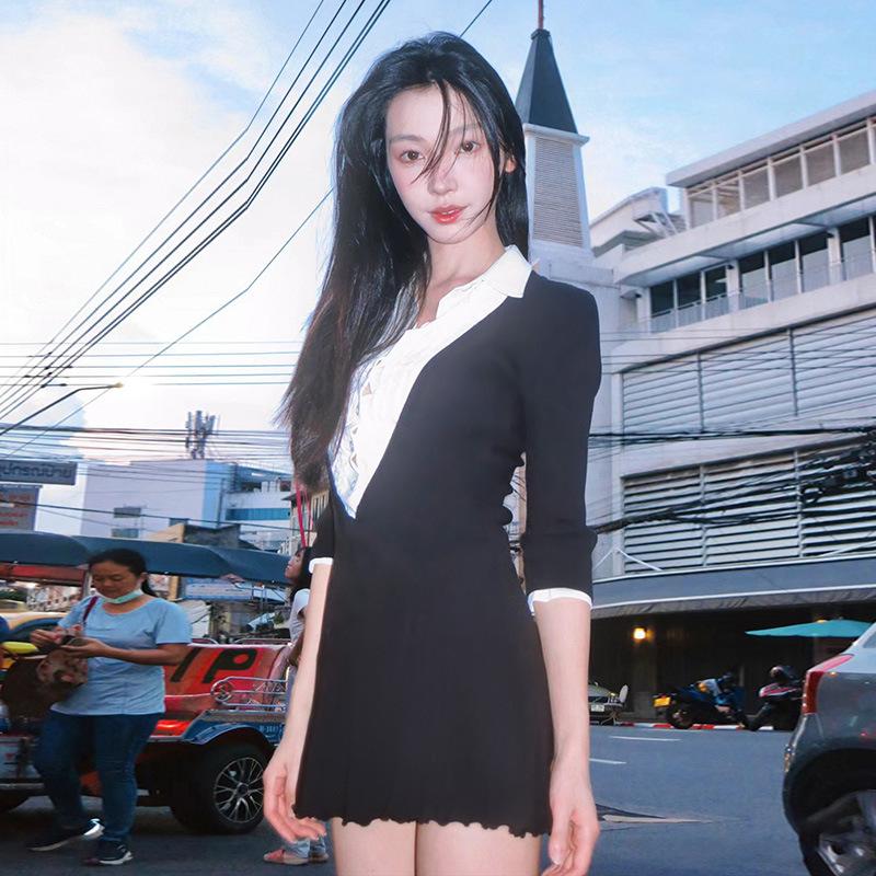 Product Introduction of Váy ngắn Bodycon, Phong Cách Người Nổi Tiếng Ins, Phong Cách Preppy, Váy Có Gân Khối Màu, Thanh Lịch, Cổ Áo Sơ Mi, Dành Cho Phụ Nữ váy  trắng váy  có  cổ  khoét  sâu hoa  xù  đầm  body 9