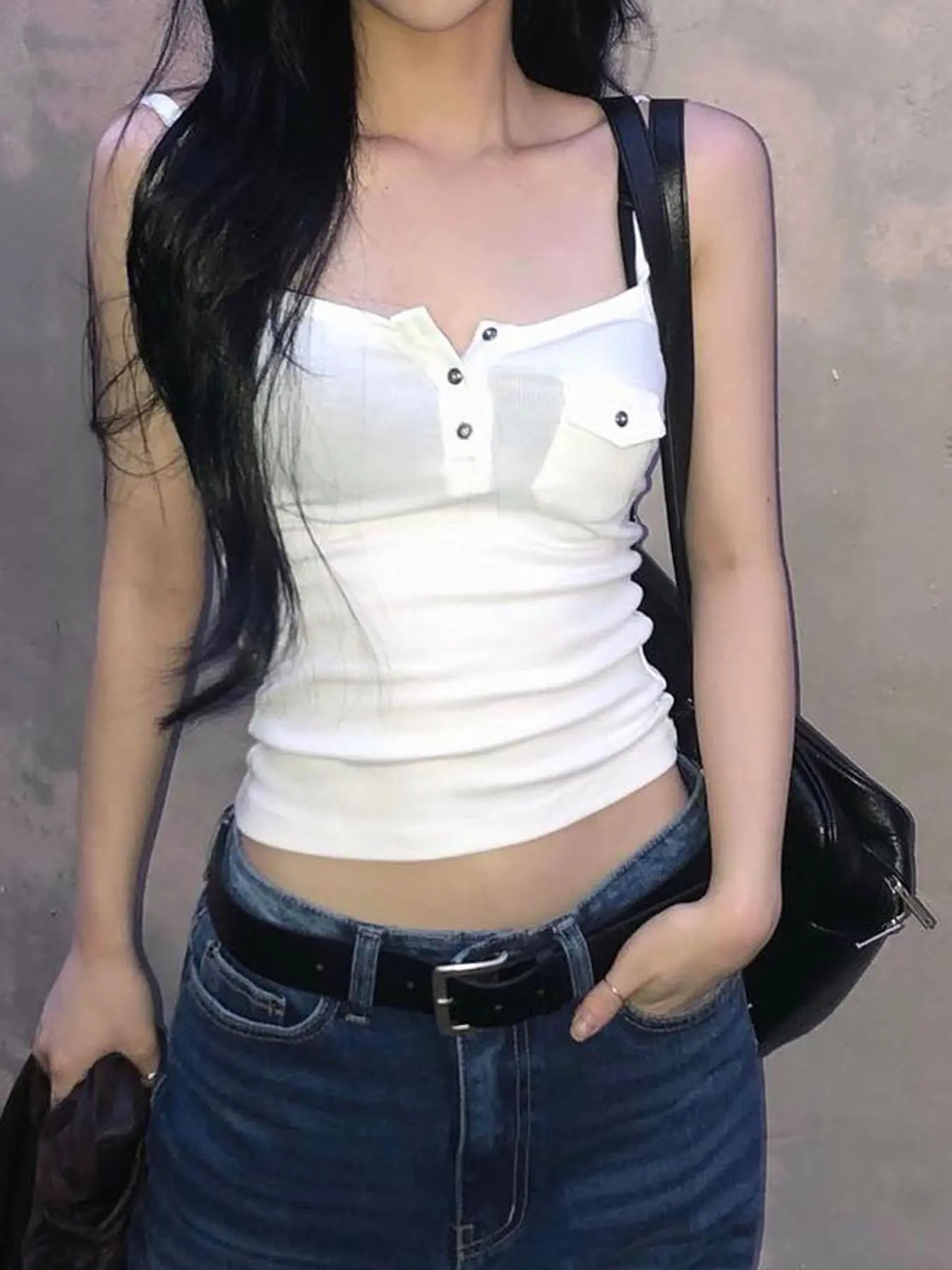 Women's Plain Half Button Pocket Crop Cami Top, Street Fashion Casual Sleeveless Top for Daily Outdoor Wear, Ladies Clothes for Summer