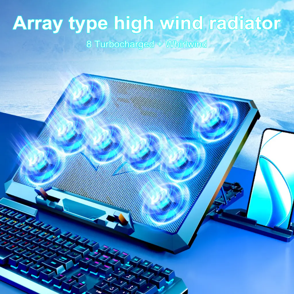 tecerei- Notebook Cooler Stand Foldable Laptop Cooling Pad 8-fan Laptop Cooling Pad Stand Adjustable Height Strong Airflow Low Noise Usb Powered Notebook Cooler