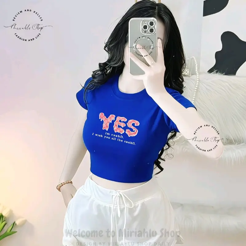 Áo Croptop Borip Ôm Body Nữ Form Basic Cổ Tròn Tay Ngắn In Chữ Yes, Women Thun Sen Sò Hoa Sen Trắng Kem Tre Tim Lịch Dáng Ngắn 1