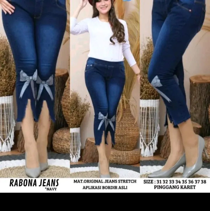 Celana jeans wanita 7/9 pita Santai