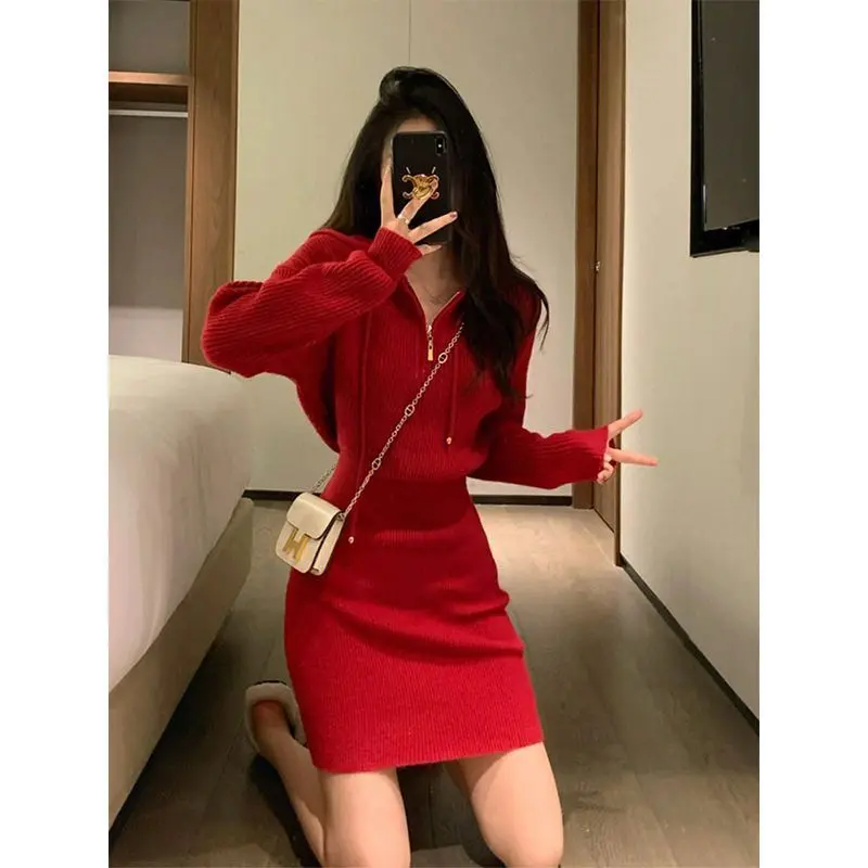 Váy Bodycon Có Mũ Màu Đỏ, Hàng Mới Về Năm Mới, Phong Cách Giáng Sinh Cao Cấp, Váy Dệt Kim, Dành Cho Nữ, Thích Hợp Cho Mùa Thu Và Mùa Đông, 2024 Dress Khuy 2