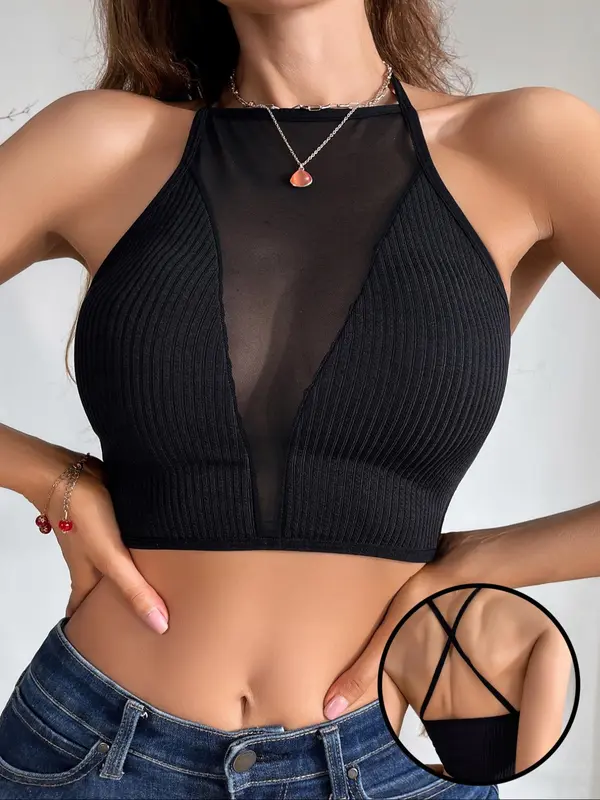 Women's Plain Criss Cross Contrast Mesh Sheer Sexy Lingerie Top, Casual Soft Breathable Sleeveless Crop Cami Top for Summer, Fashion Women's Lingerie for Daily Wear 0