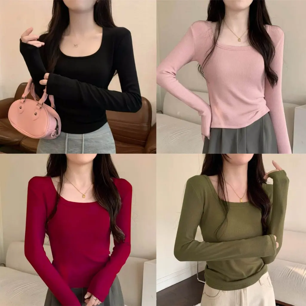 Áo Thun Nữ Dài Tay Cổ Vuông Kiểu Dáng Basic Thắt Eo Ôm Body Cực Tôn Dáng Nhiều Màu