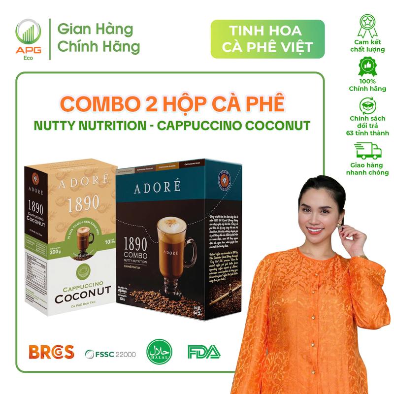 Combo 2 Hộp Cà Phê Hoà Tan - Cappuccino Nutty Nutrition (Mix 4 vị) và Cappuccino Coconut (Vị Dừa) ADORÉ 1890