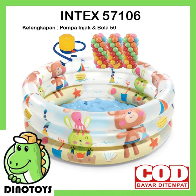 Dinotoys INTEX Kolam Mandi Bayi Ukuran 61x22 Cm Motif Beruang dan Pelangi Dengan Dasar Kolam Bergelembung Cocok Untuk Bayi Baru lahir Balita Cewek Cowok 0
