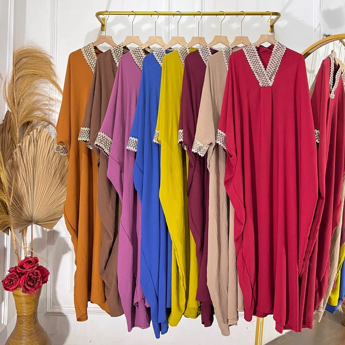 Orenji Hazeema Kaftan Crinkle Renda Brukat Polos