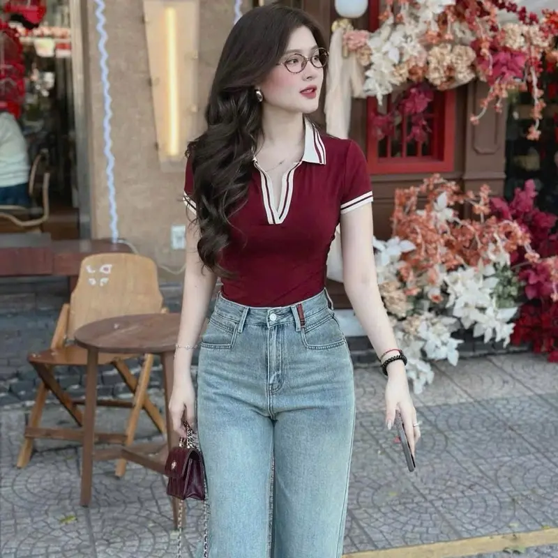 Áo Thun Cổ Bẻ Phối Viền Tay Bo Cho Nữ, Chất thun bo ríp mềm mịn ,Dáng body