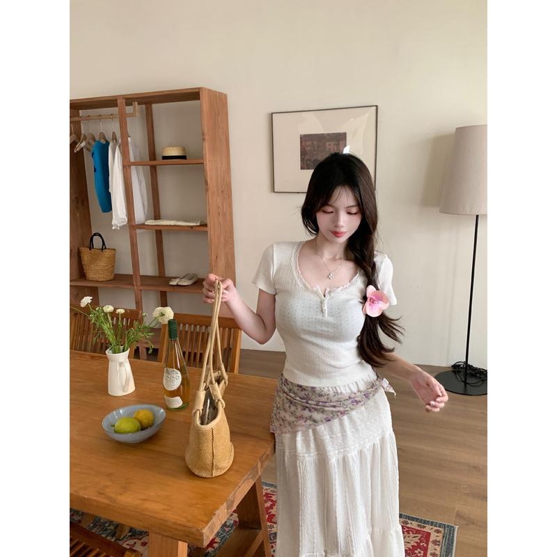 Quần Áo Nữ, Bộ Sưu Tập Mùa Hè, Phong Cách BM Mới, Cô Gái Nóng Bỏng, Dễ Thương Và Gợi Cảm, Cổ Áo Khâu Ren, Trang Trí Với Nút, Áo Phông Ngắn Tay Women Top 4