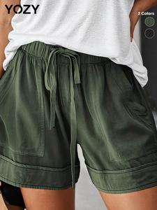 YOZY Women's Solid Drawstring Waist Shorts, Casual Pocket Shorts for Summer, Women's Bottoms for Daily Wear, Womenswear