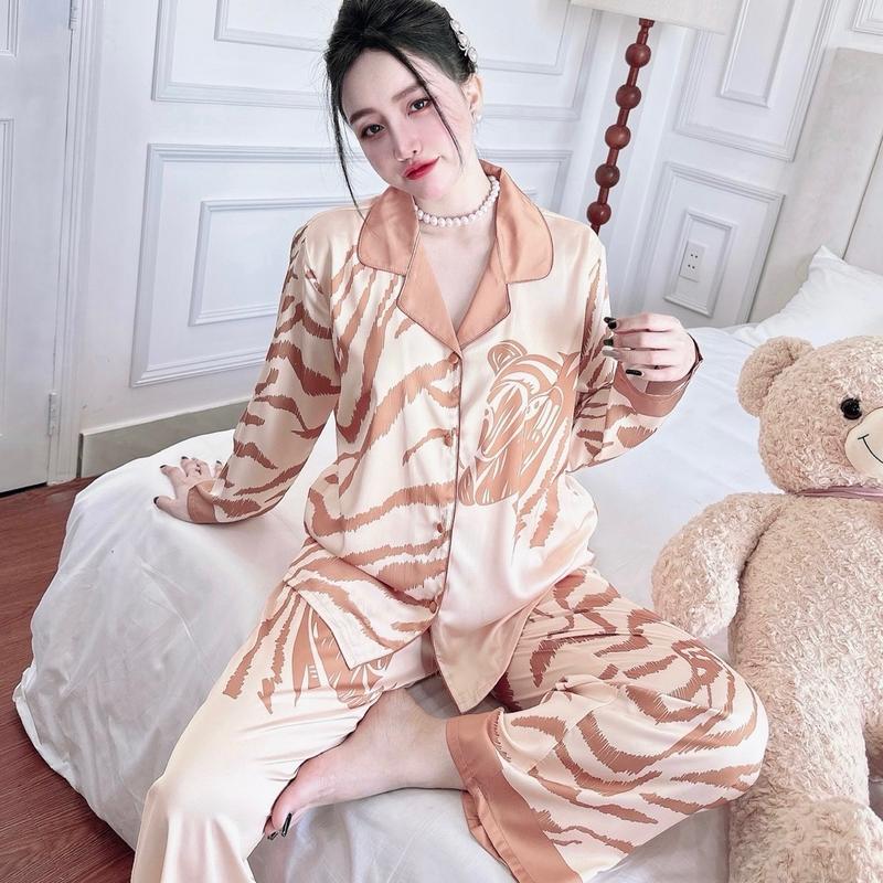 Bộ Quần Áo Lụa Mịn Viền Lé Nút Bọc Tay Dài Quần Dài Hoạ Tiết Sang  Nữ Voi Đồ Ngủ Nữ 4
