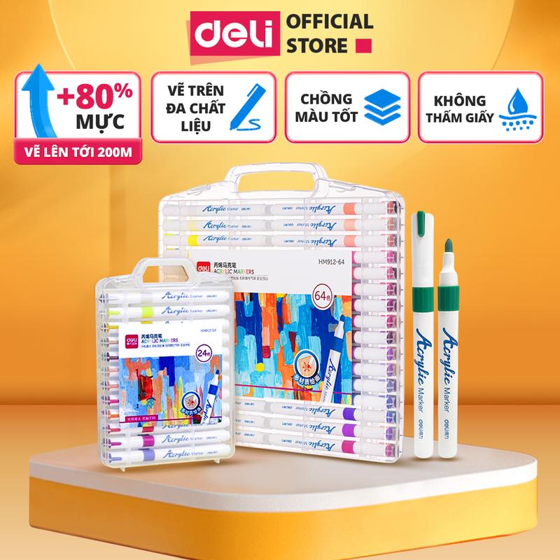 Bút màu sơn Acrylic Marker 80 màu Deli - Nhiều hơn 80% mực 12/24/36/48/64 Màu - Hộp nhựa, có quai xách tiện lợi, chống thấm nước, tô màu đậm, thích hợp đi nét DIY vẽ quần áo giày