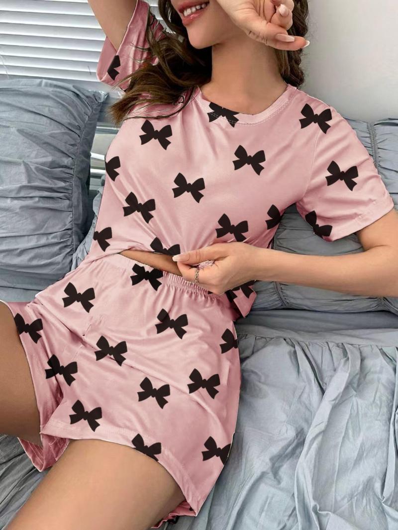 Product Introduction of Women's All Over Print Tee & Shorts Pyjama Two-piece Set, Casual Comfy Round Neck Short Sleeve T-shirt & Shorts PJ Set, Ladies Sleepwear for All Seasons 5
