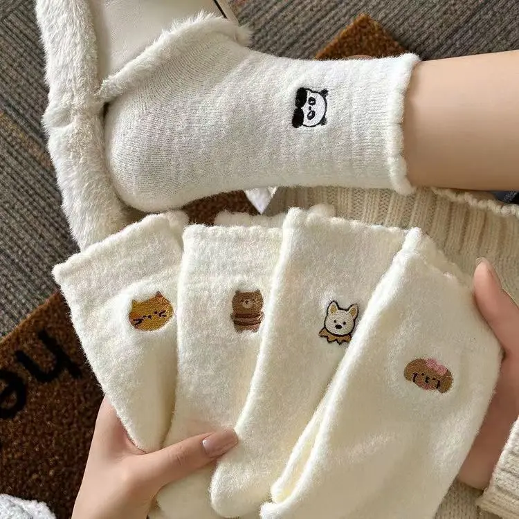 Tất Phong Cách Hàn Quốc, Dành Cho Nữ, Lót Lông Cừu Giữa Bắp Chân, Dày Dặn, Thích Hợp Cho Mùa Đông, Nhồi Bông, Tất Ống Thú Cưng Hoạt Hình, Tất Đi Trong Nhà Women
