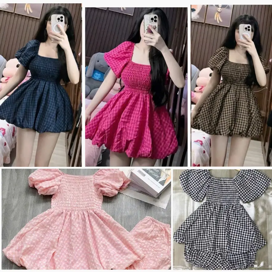Set Bộ Babydoll Áo Tay Bồng Chất Đũi Xốp Mát Kèm Quần Đùi Sooc, Đồ Bộ Mặc Mùa Hè, Đi Dạo Phối, Siêu Xinh, Set Đồ Bộ Nữ Áo Bí Nhún Eo Tay Bồng Mix Quần Đùi, Chất Đũi Xốp Bồng Bềnh, Set Bộ Caro