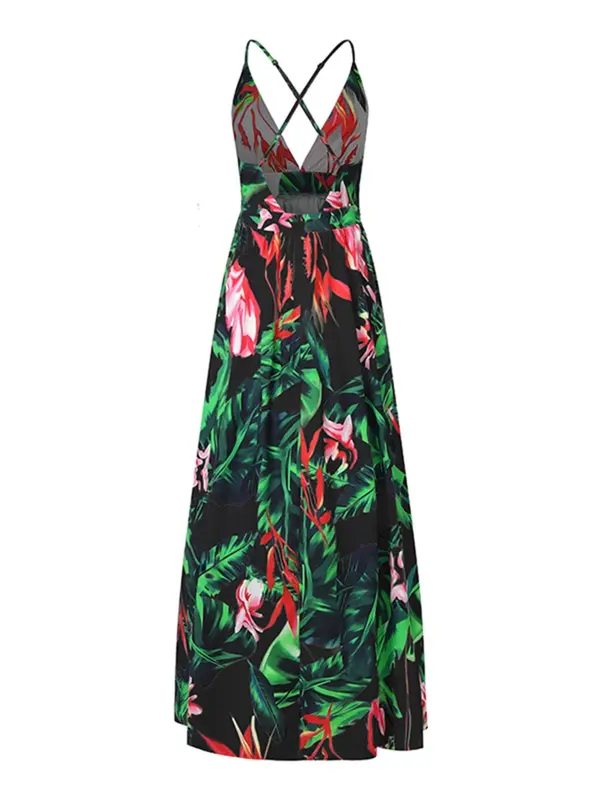 Women's All Over Print Backless Long Dress, Boho Sleeveless Maxi Dress for Beach Holiday Vacation, Ladies Clothes for All Seasons 4