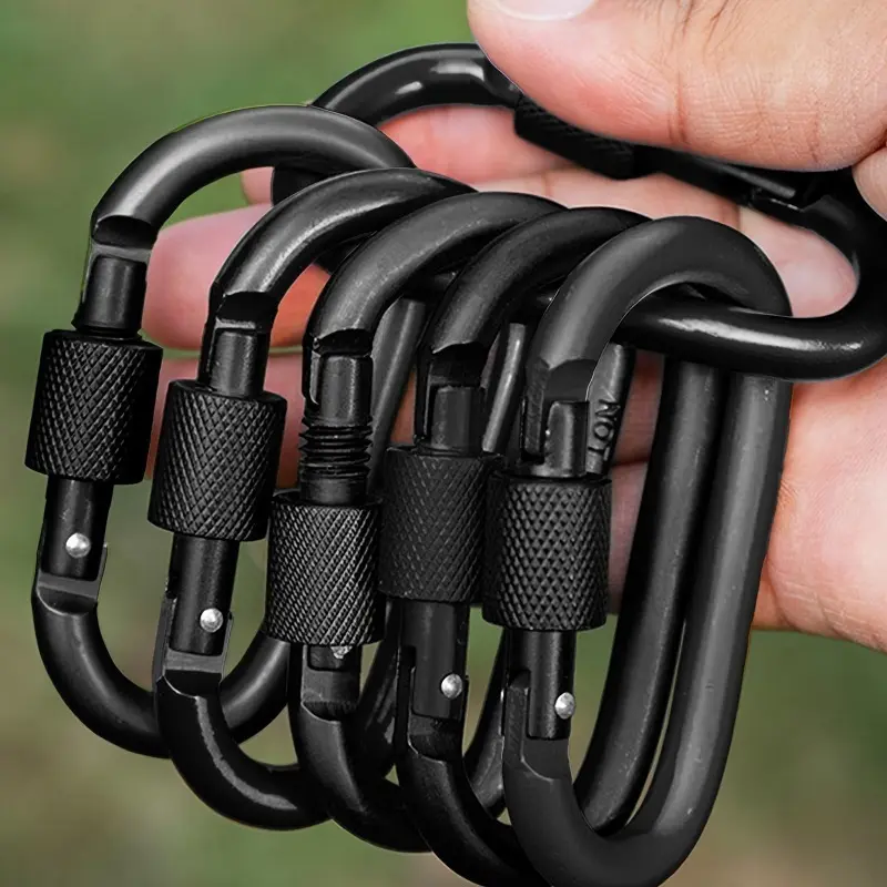 Heavy Duty Black Aluminum Alloy Climbing Button Carabiner, Set of 6 D Ring Spring Hook with Screw Door, Suitable for Outdoor Activities: Hiking, Camping, Backpacking, Fishing, Keychain, 42X80mm