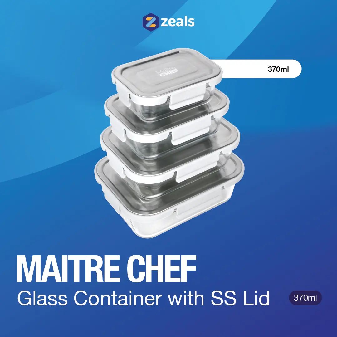 MAITRE CHEF 370ml Glass Container with SS Lid / Wadah Kotak Tempat Kontainer Penyimpanan Makanan