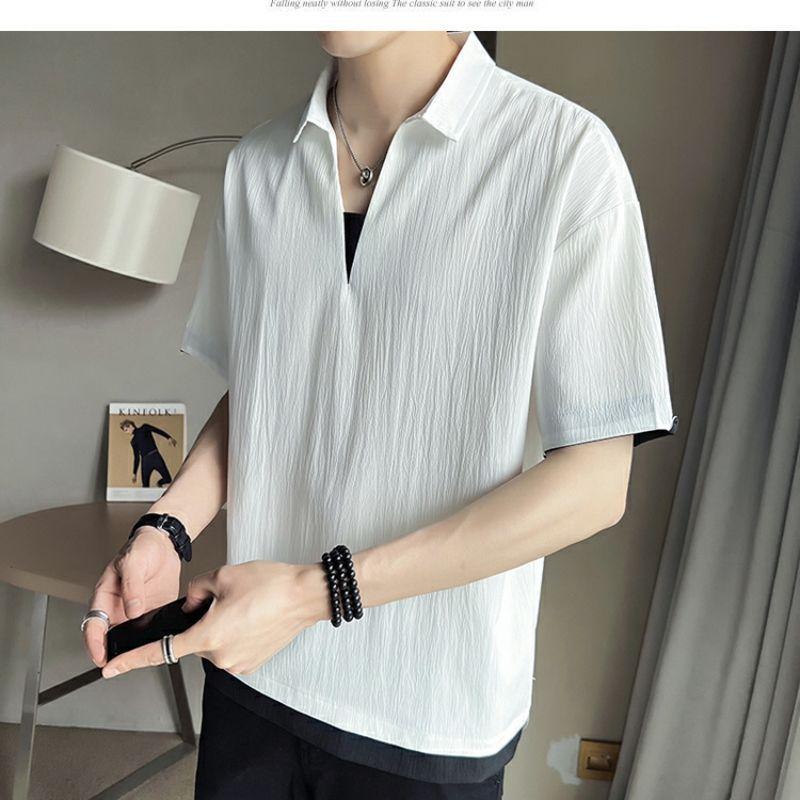 Product Introduction of 2025 Fake Two-Piece V-neck T-shirt Men's Ins Fashion Brand Short Sleeve Polo Shirt Ice Silk Half Sleeve 2023 New Summer Matching Suit 29