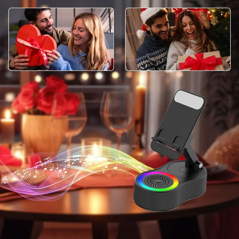 Wireless Induction Audio Bluetooth Speaker, 5in1 Phone Holder, Emergency Rechargeable (4000mAh) with Colorful Ambient Light Foldable for Tablet iPhone Android, Gifts for Men Women, White, Smartphone 7